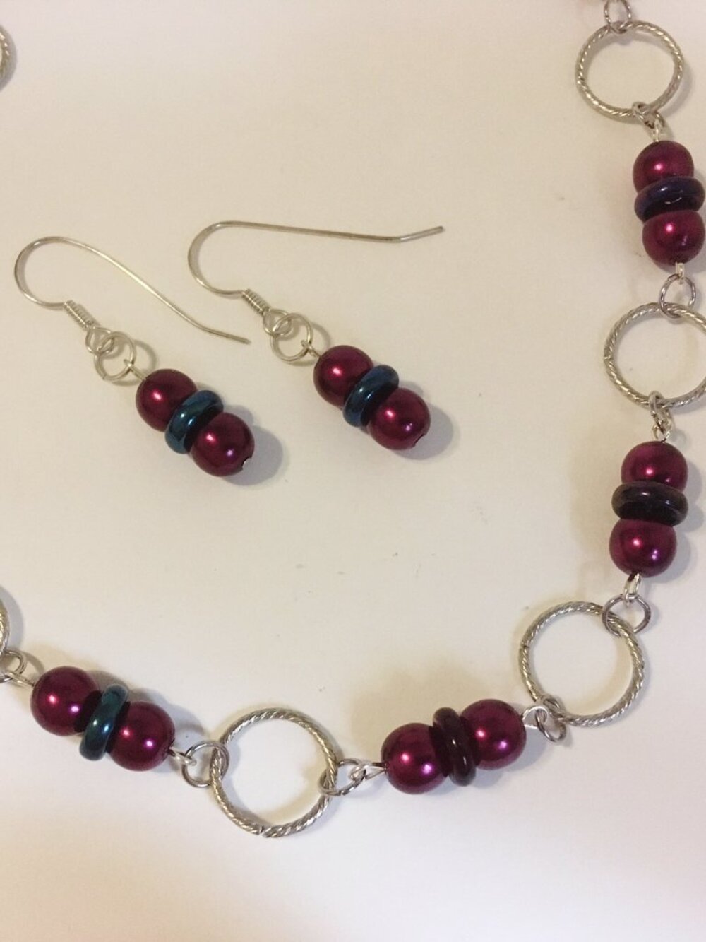 Glass Necklace Earrings Set Silvertone Metal Handmade Plum Purple Blue Beads New
